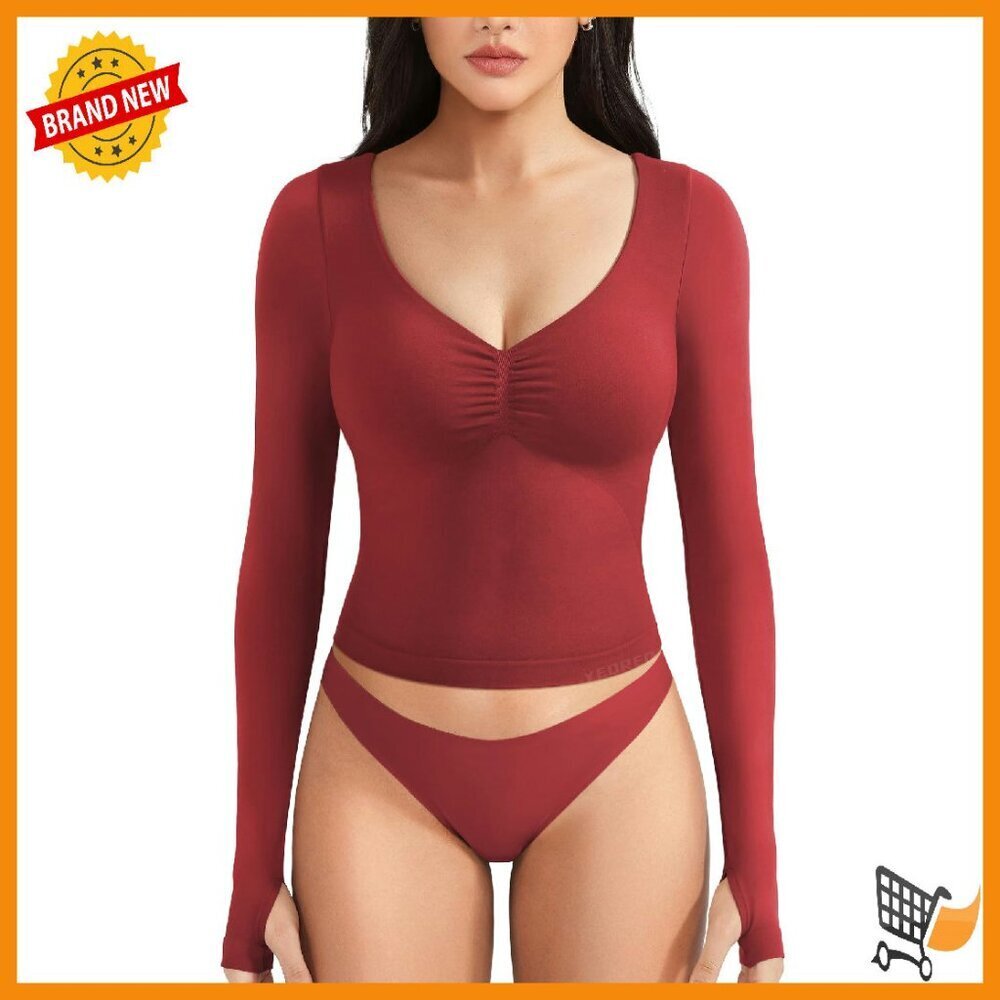 Long Sleeve Workout Top Built-in Bra Removable Pads Slim Fit